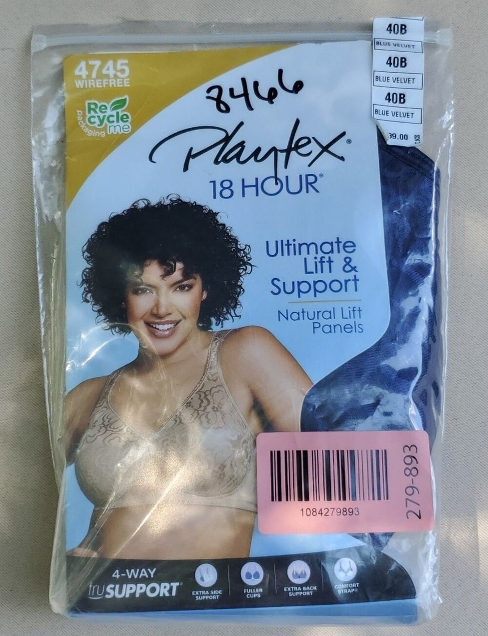 Playtex Womens 18 Hour Bra 4745 Ultimate Lift Support Wirefree 40B Blue New